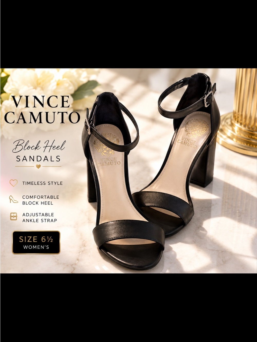 Vince Camuto Black Ankle-Strap Block Heel Sandals